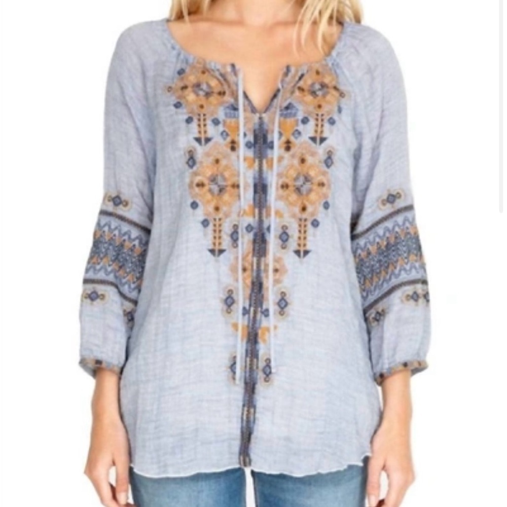 Johnny Was Light Blue Embroidered Peasant Blouse with Gold and Navy Accents